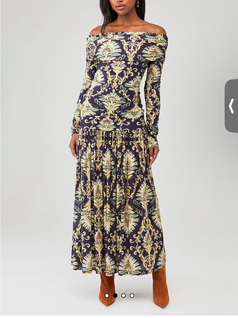 Farm Rio off-shoulder long sleeve maxi pleated dress.